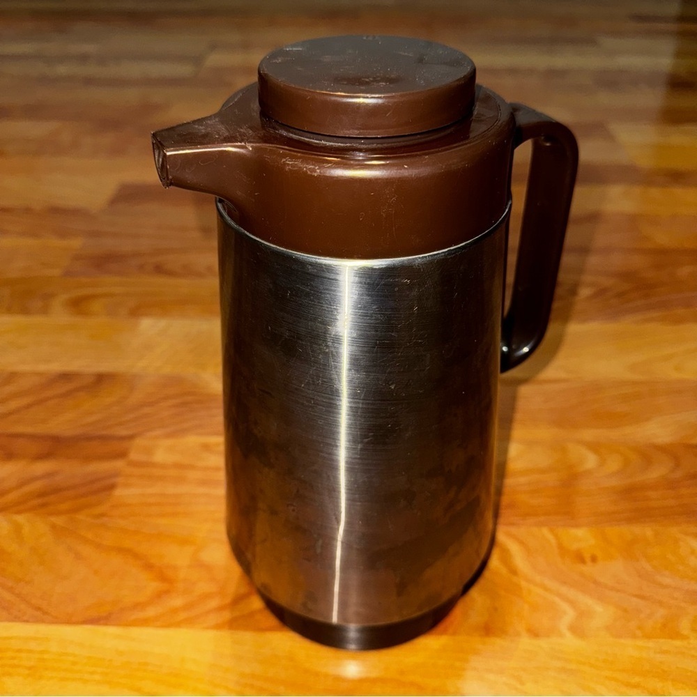 Vtg Corning Thermique Thermos Insulated Brown & Stainless Steel Carafe Japan 70s